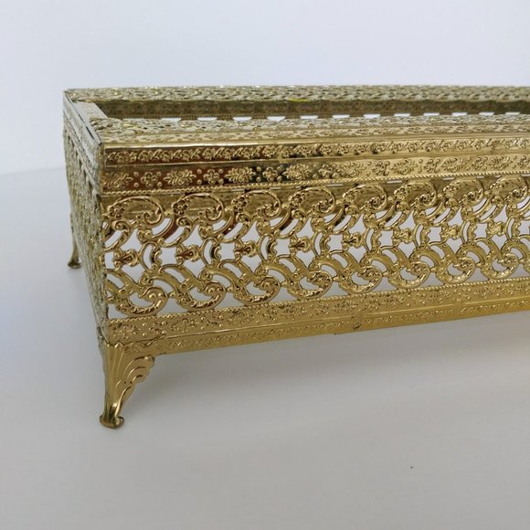 Vintage Other - Vintage Brass Tone Filagree Tissue Box Holder | Hollywood Regency Footed Design